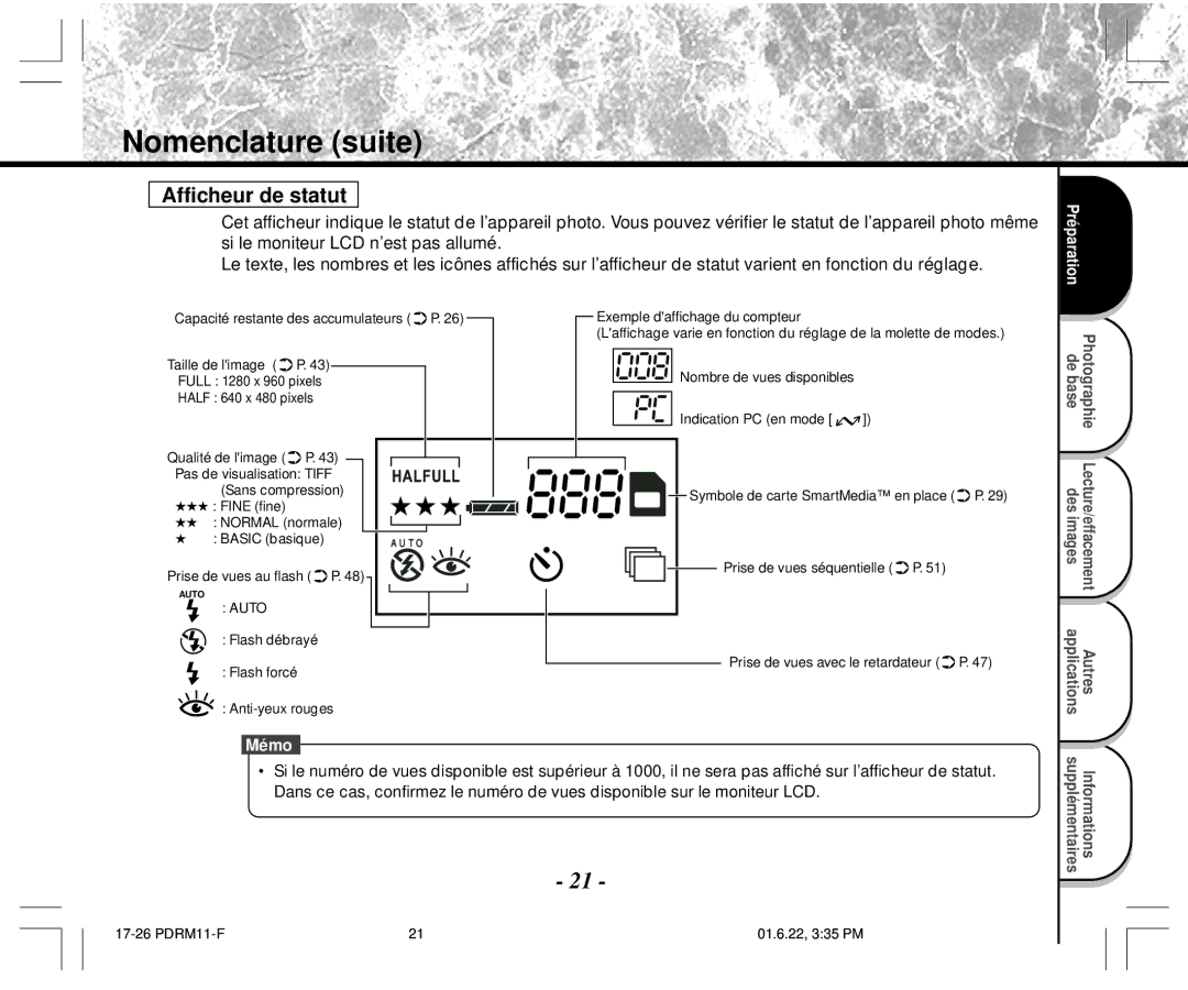 Toshiba PDR-M11 instruction manual Afficheur de statut 