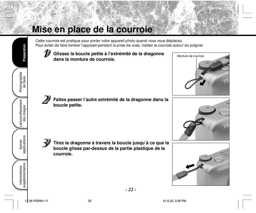 Toshiba PDR-M11 instruction manual Mise en place de la courroie 