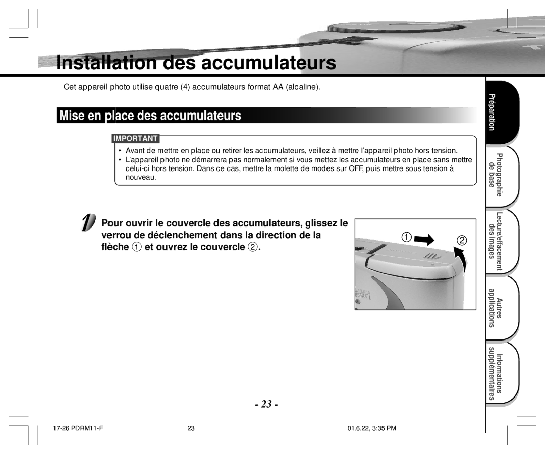 Toshiba PDR-M11 instruction manual Installation des accumulateurs, Mise en place des accumulateurs 