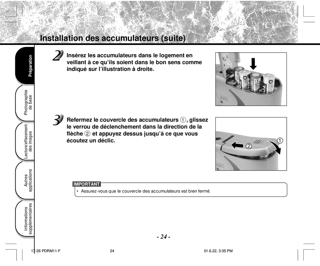 Toshiba PDR-M11 instruction manual Installation des accumulateurs suite 