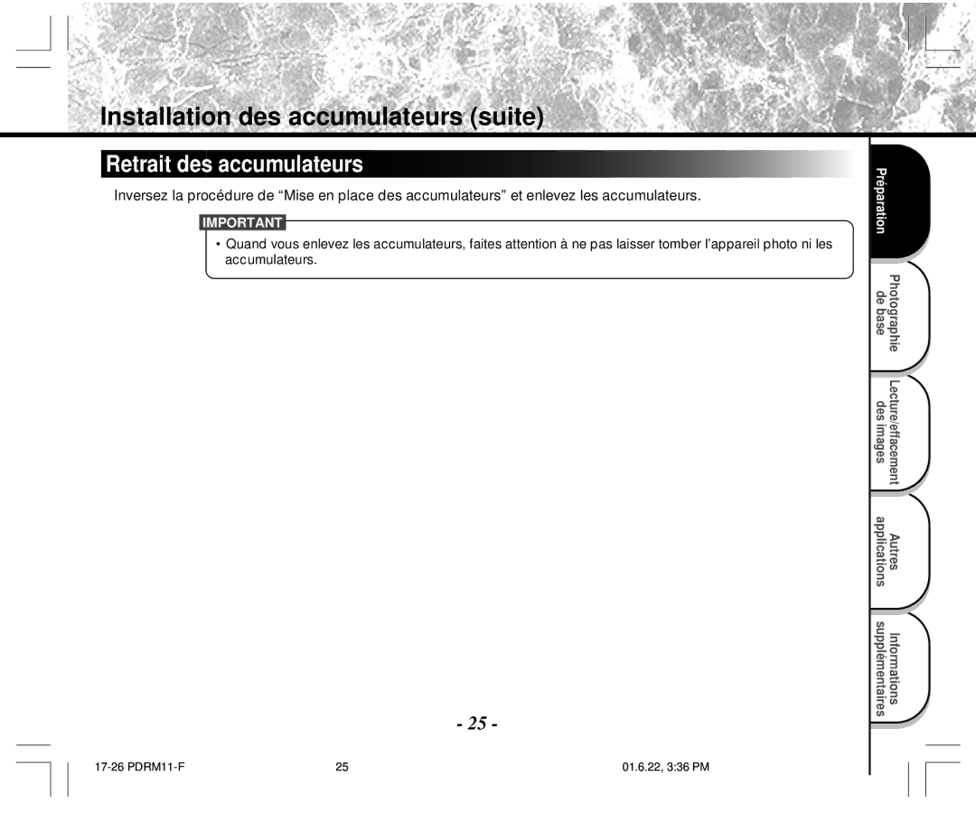 Toshiba PDR-M11 instruction manual Retrait des accumulateurs 