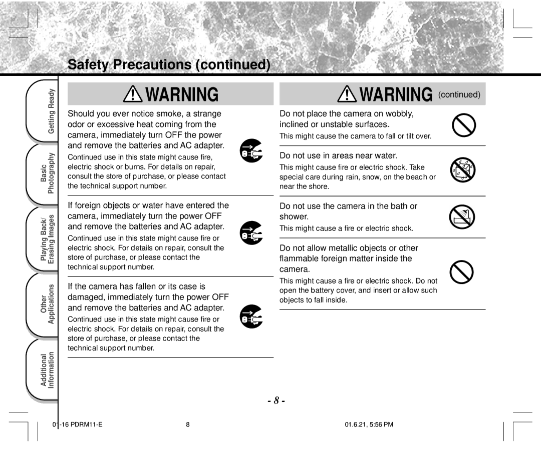 Toshiba PDR-M11 instruction manual Do not use the camera in the bath or shower 