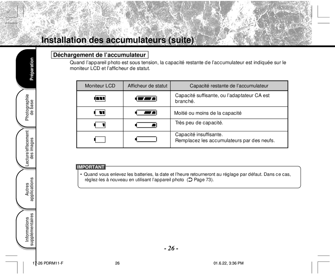 Toshiba PDR-M11 instruction manual Déchargement de l’accumulateur 