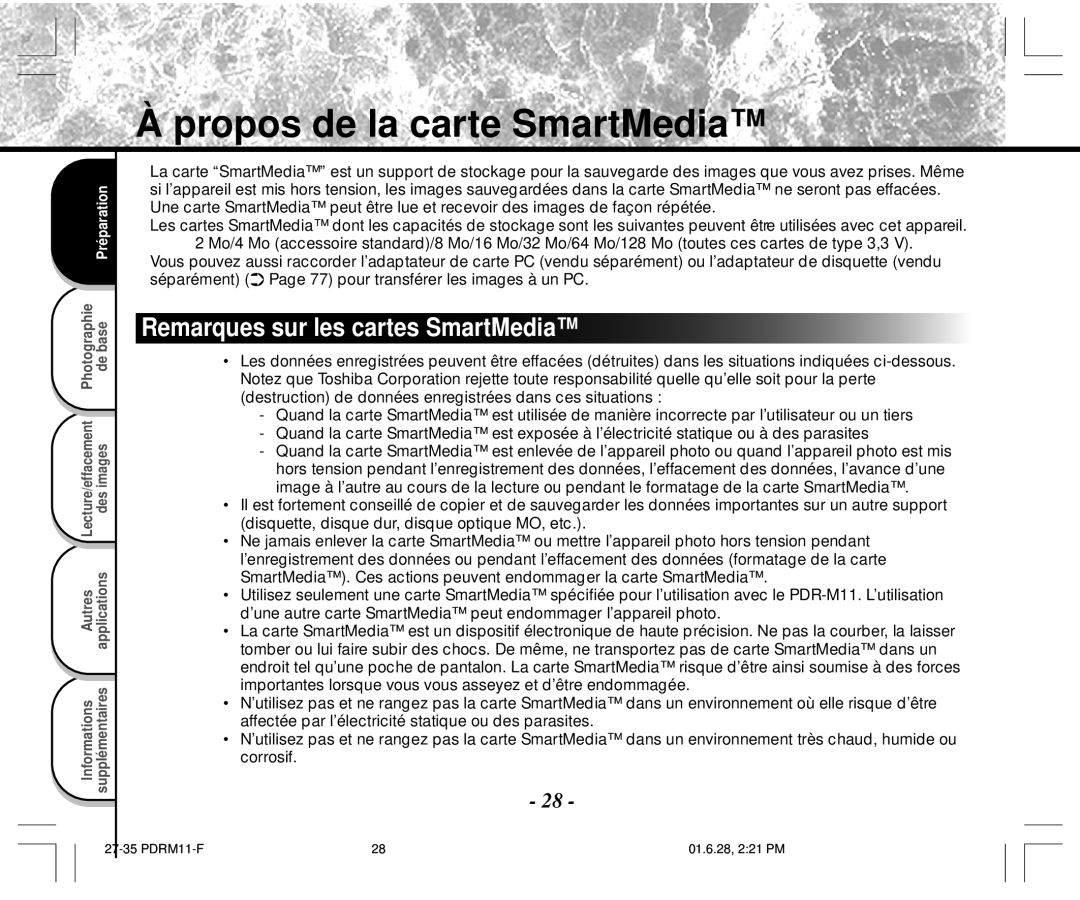 Toshiba PDR-M11 instruction manual Propos de la carte SmartMedia, Remarques sur les cartes SmartMedia 