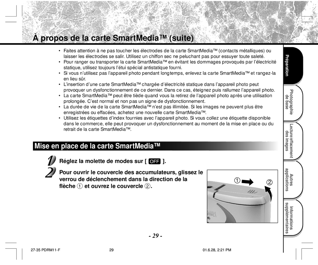 Toshiba PDR-M11 instruction manual Propos de la carte SmartMedia suite, Mise en place de la carte SmartMedia 