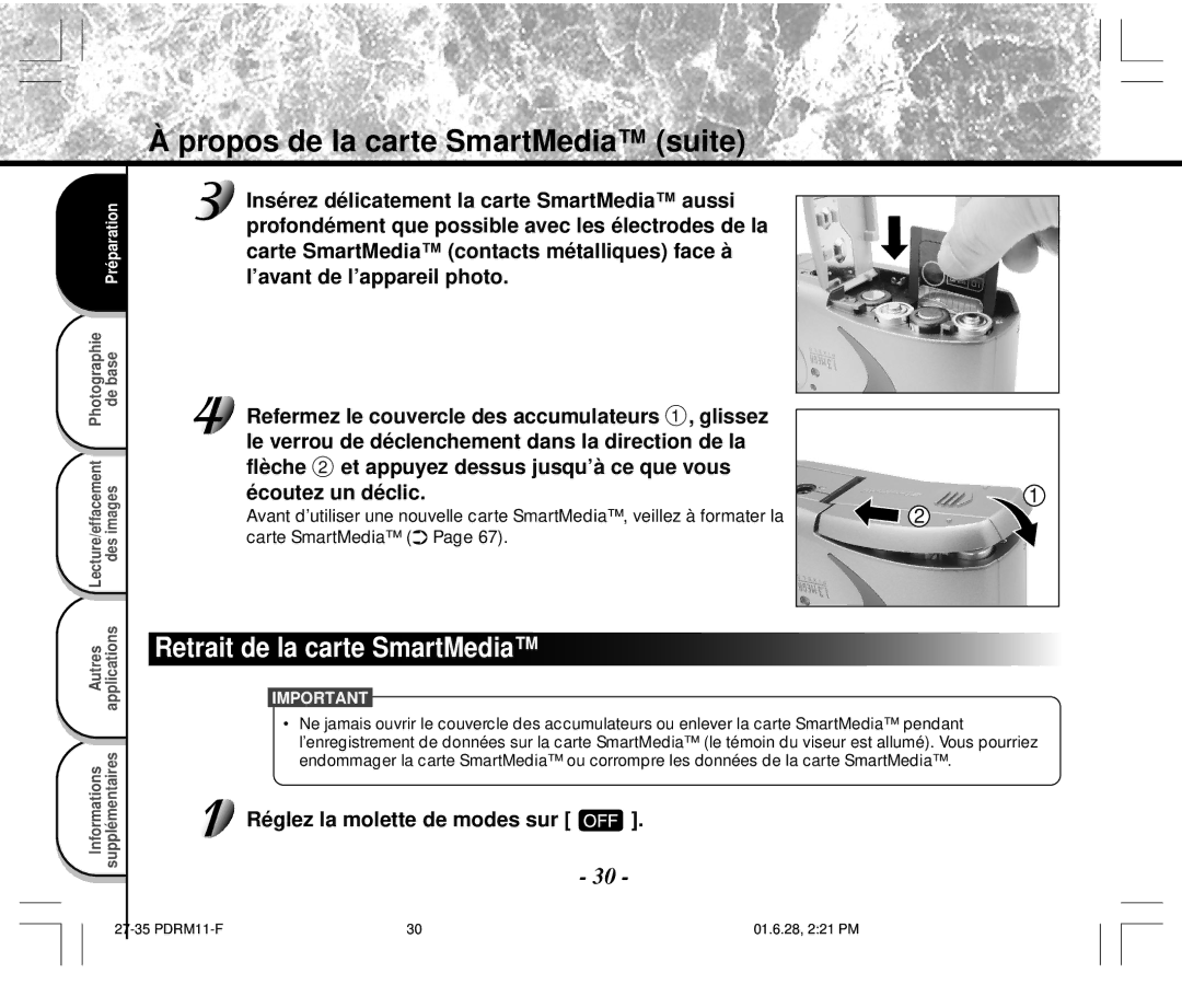 Toshiba PDR-M11 instruction manual Retrait de la carte SmartMedia, Réglez la molette de modes sur 