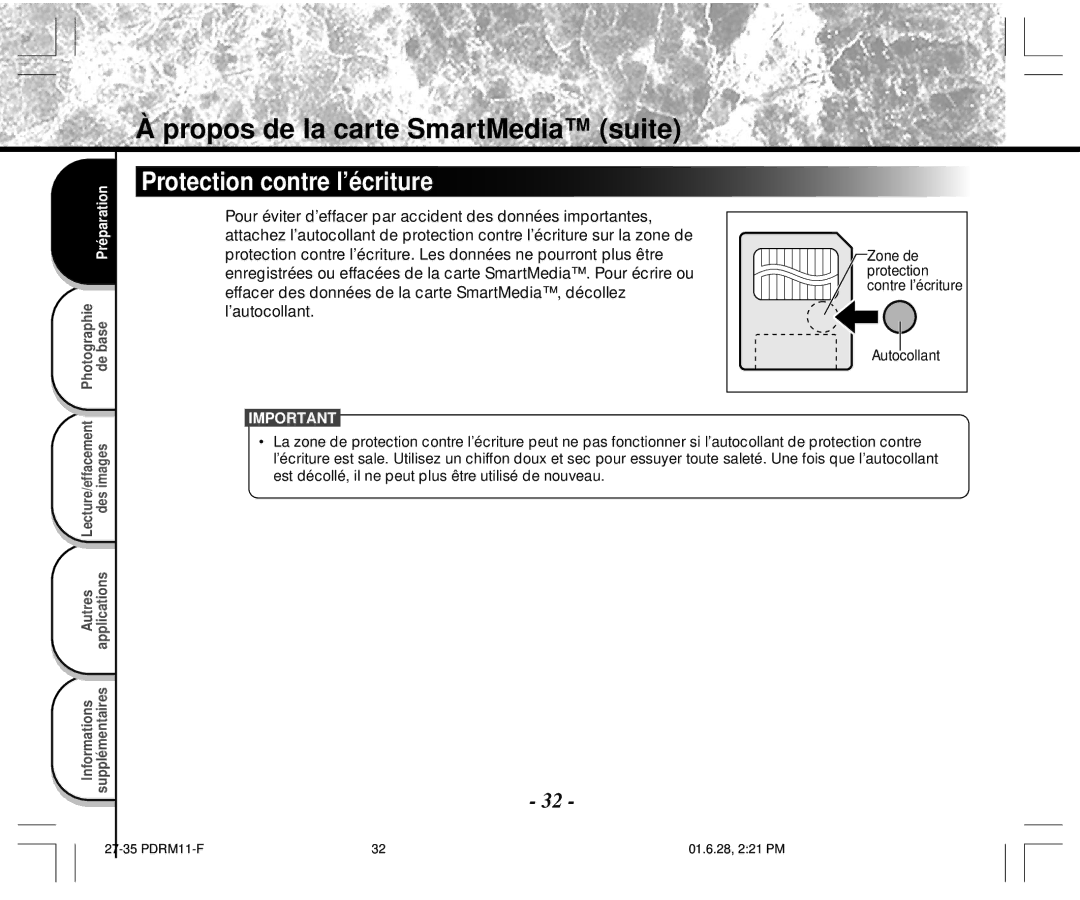 Toshiba PDR-M11 instruction manual Protection contre l’écriture 