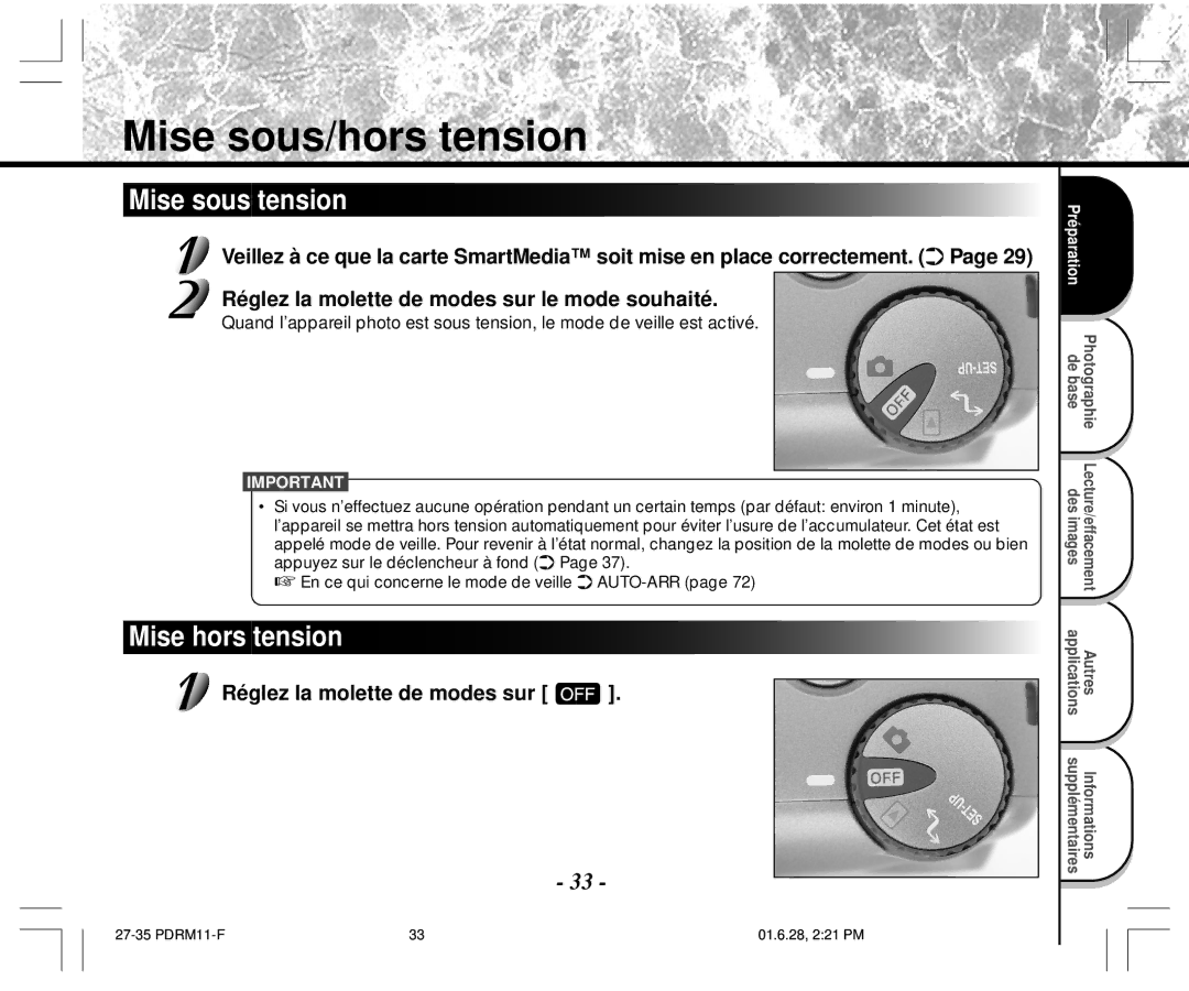 Toshiba PDR-M11 instruction manual Mise sous/hors tension, Mise sous tension, Mise hors tension 