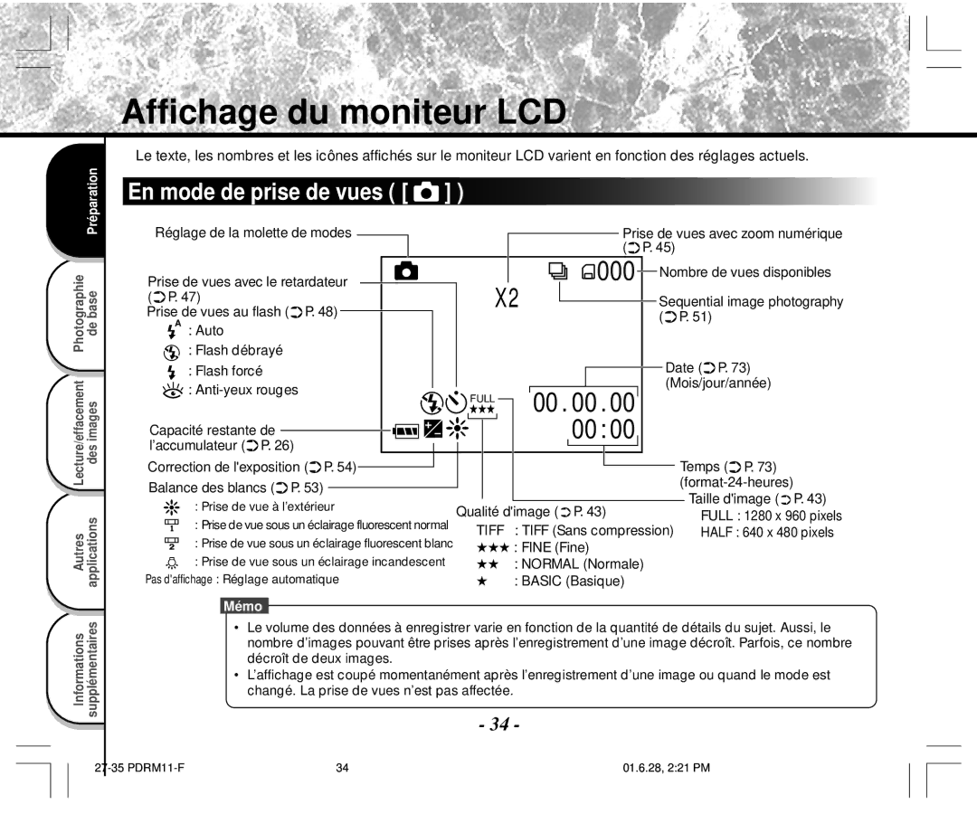 Toshiba PDR-M11 instruction manual Affichage du moniteur LCD, En mode de prise de vues 