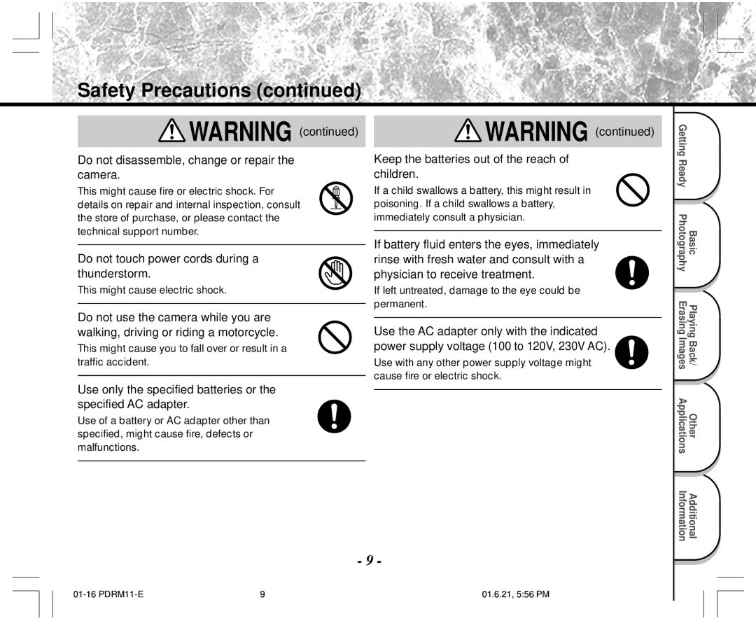 Toshiba PDR-M11 instruction manual Do not touch power cords during a thunderstorm 