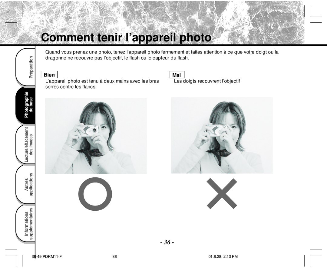 Toshiba PDR-M11 instruction manual Comment tenir l’appareil photo, ’appareil photo est tenu à deux mains avec les bras Les 