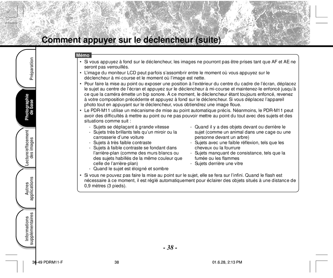 Toshiba PDR-M11 instruction manual Comment appuyer sur le déclencheur suite 