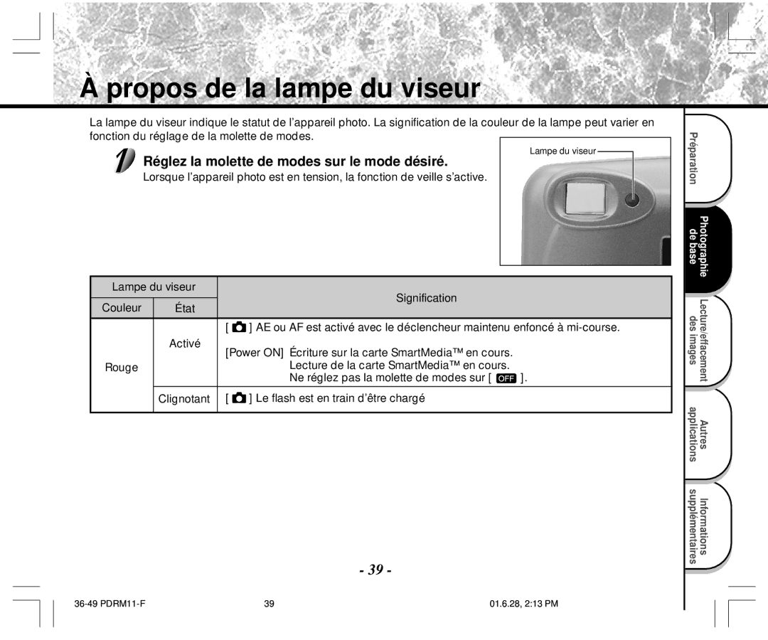 Toshiba PDR-M11 instruction manual Propos de la lampe du viseur, Réglez la molette de modes sur le mode désiré 