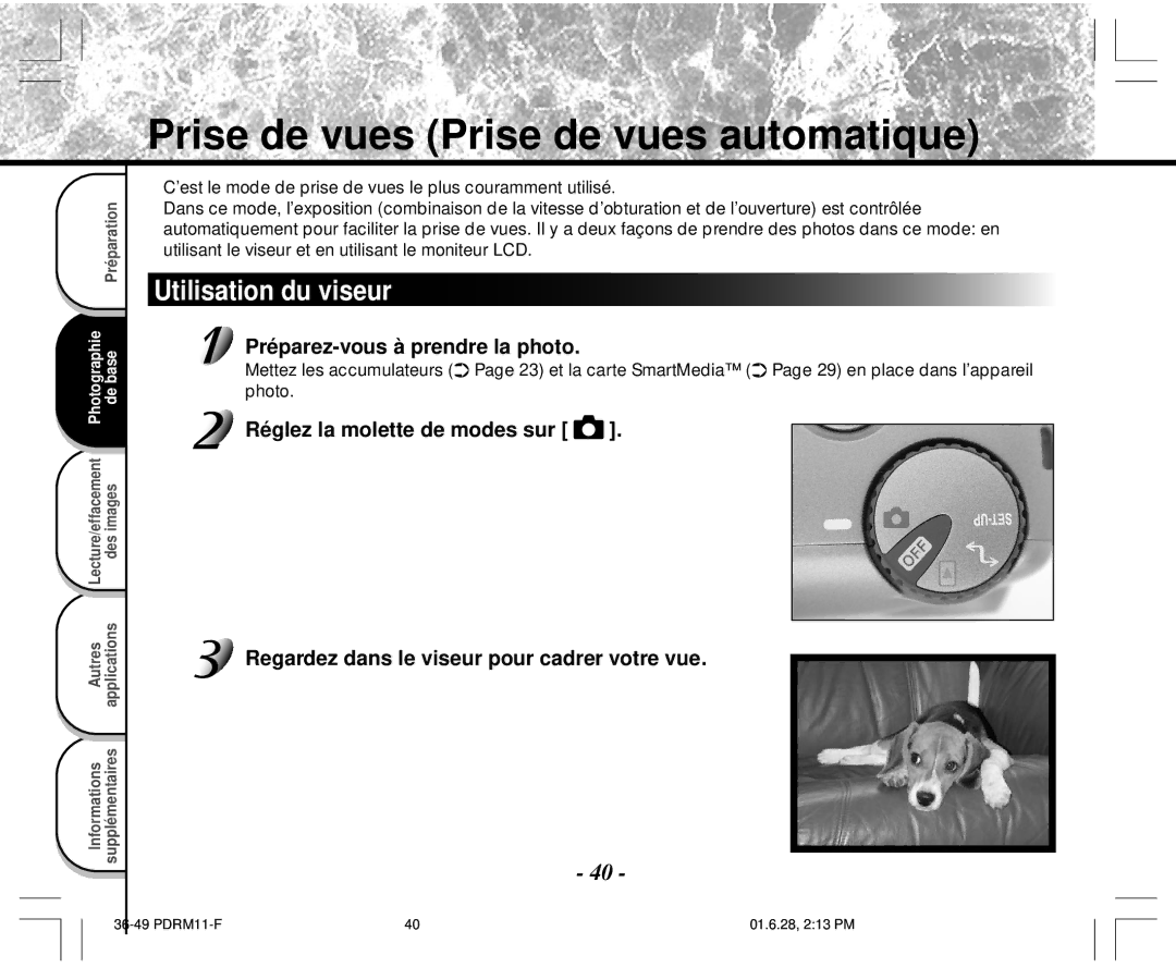 Toshiba PDR-M11 Prise de vues Prise de vues automatique, Utilisation du viseur, Préparez-vous à prendre la photo 