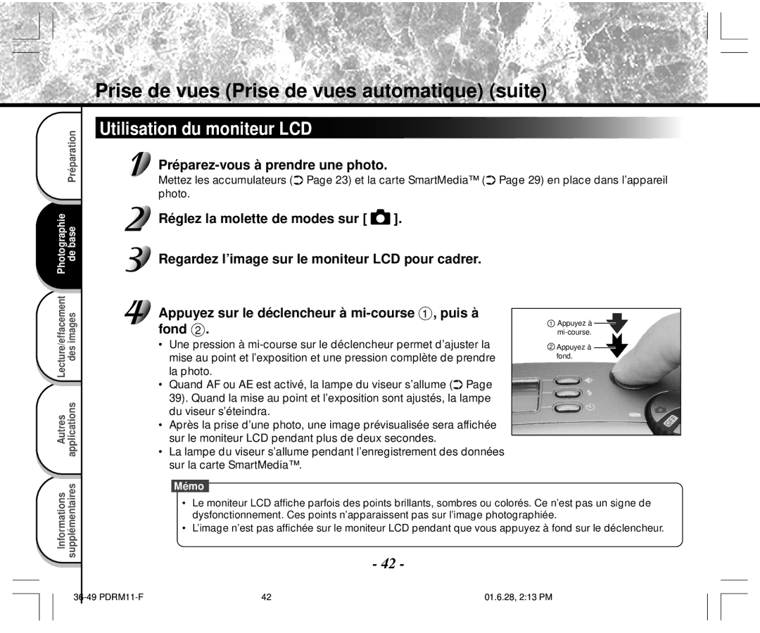 Toshiba PDR-M11 instruction manual Utilisation du moniteur LCD, Préparez-vous à prendre une photo 