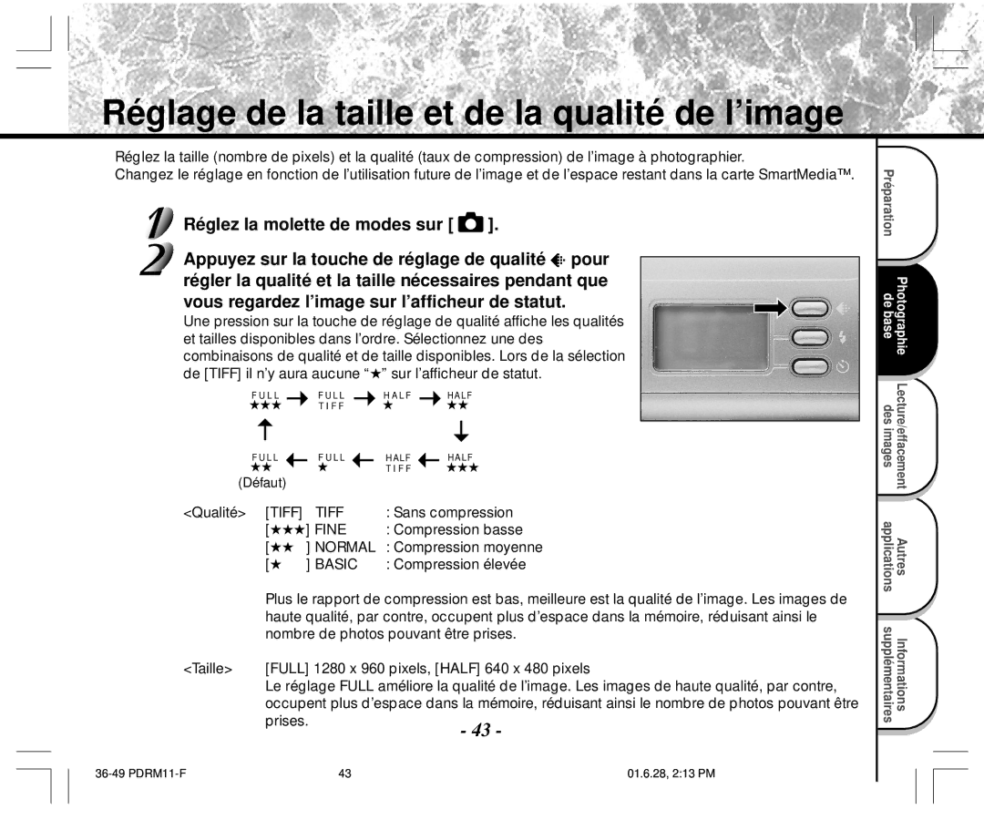 Toshiba PDR-M11 Réglage de la taille et de la qualité de l’image, Qualité Tiff, Sans compression, Compression élevée 