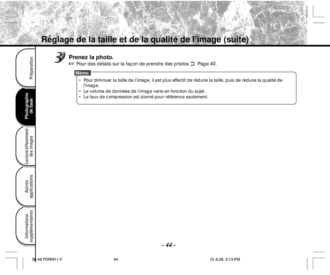 Toshiba PDR-M11 instruction manual Réglage de la taille et de la qualité de l’image suite, Prenez la photo 