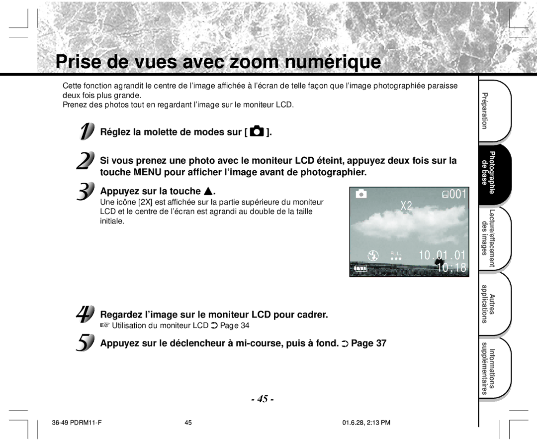 Toshiba PDR-M11 instruction manual Prise de vues avec zoom numérique, Appuyez sur la touche, Utilisation du moniteur LCD 