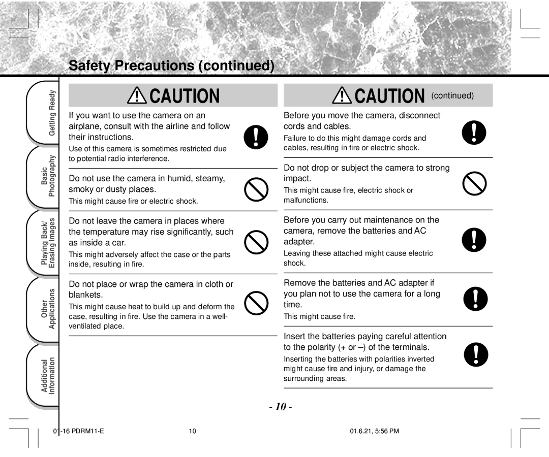 Toshiba PDR-M11 instruction manual Before you move the camera, disconnect cords and cables 