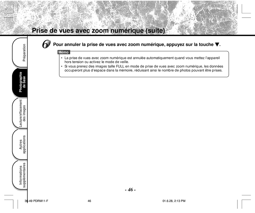 Toshiba PDR-M11 instruction manual Prise de vues avec zoom numérique suite 