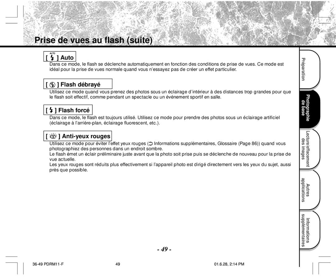 Toshiba PDR-M11 instruction manual Prise de vues au flash suite, Flash débrayé, Flash forcé, Anti-yeux rouges 