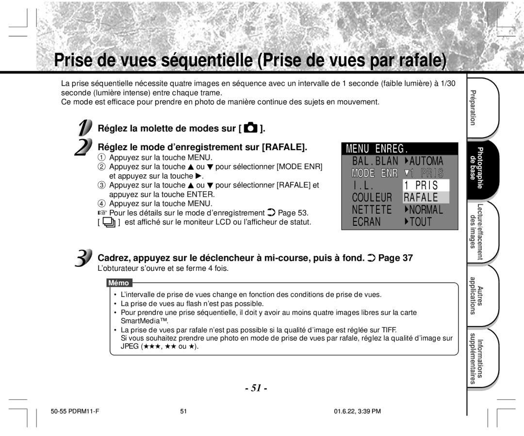 Toshiba PDR-M11 Cadrez, appuyez sur le déclencheur à mi-course, puis à fond, ’obturateur s’ouvre et se ferme 4 fois 