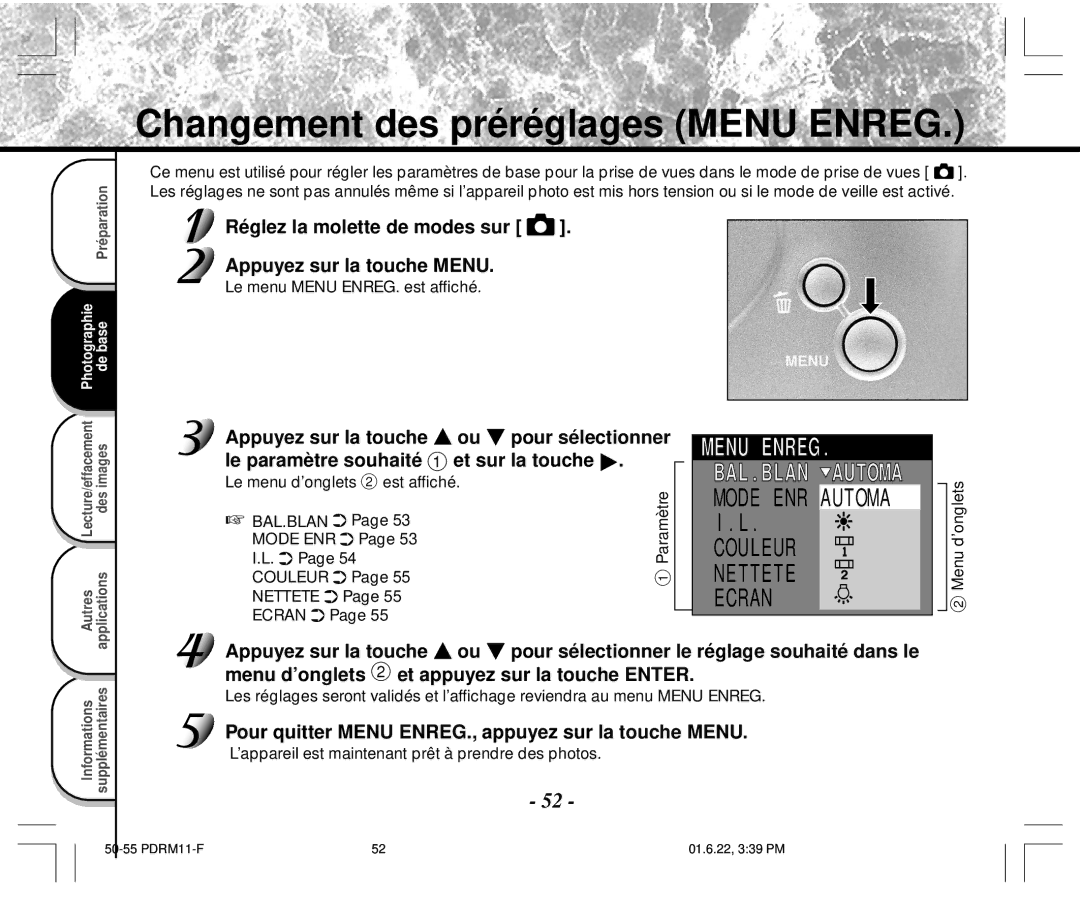 Toshiba PDR-M11 Changement des préréglages Menu Enreg, Réglez la molette de modes sur Appuyez sur la touche Menu 