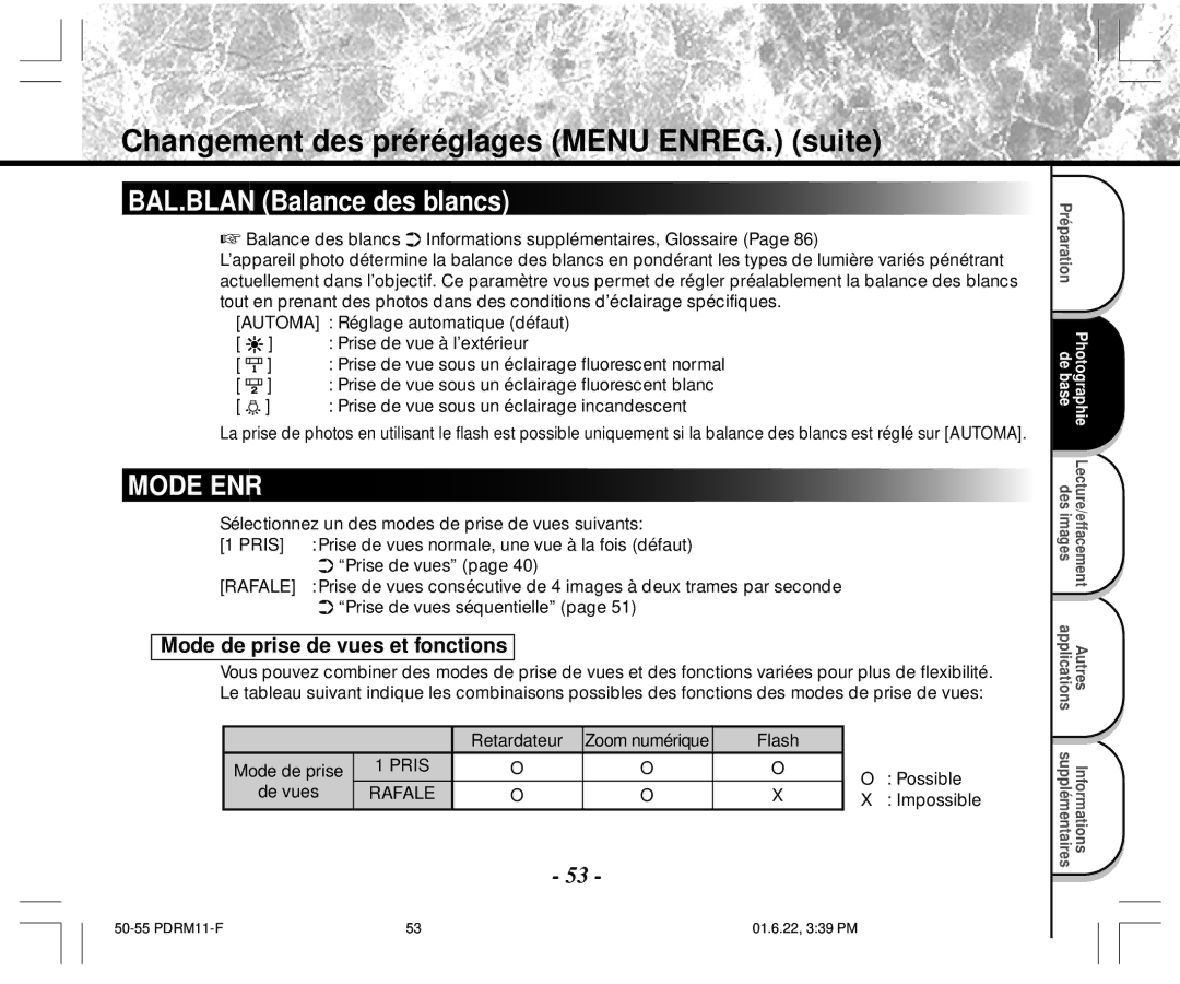 Toshiba PDR-M11 instruction manual Changement des préréglages Menu ENREG. suite, BAL.BLAN Balance des blancs 