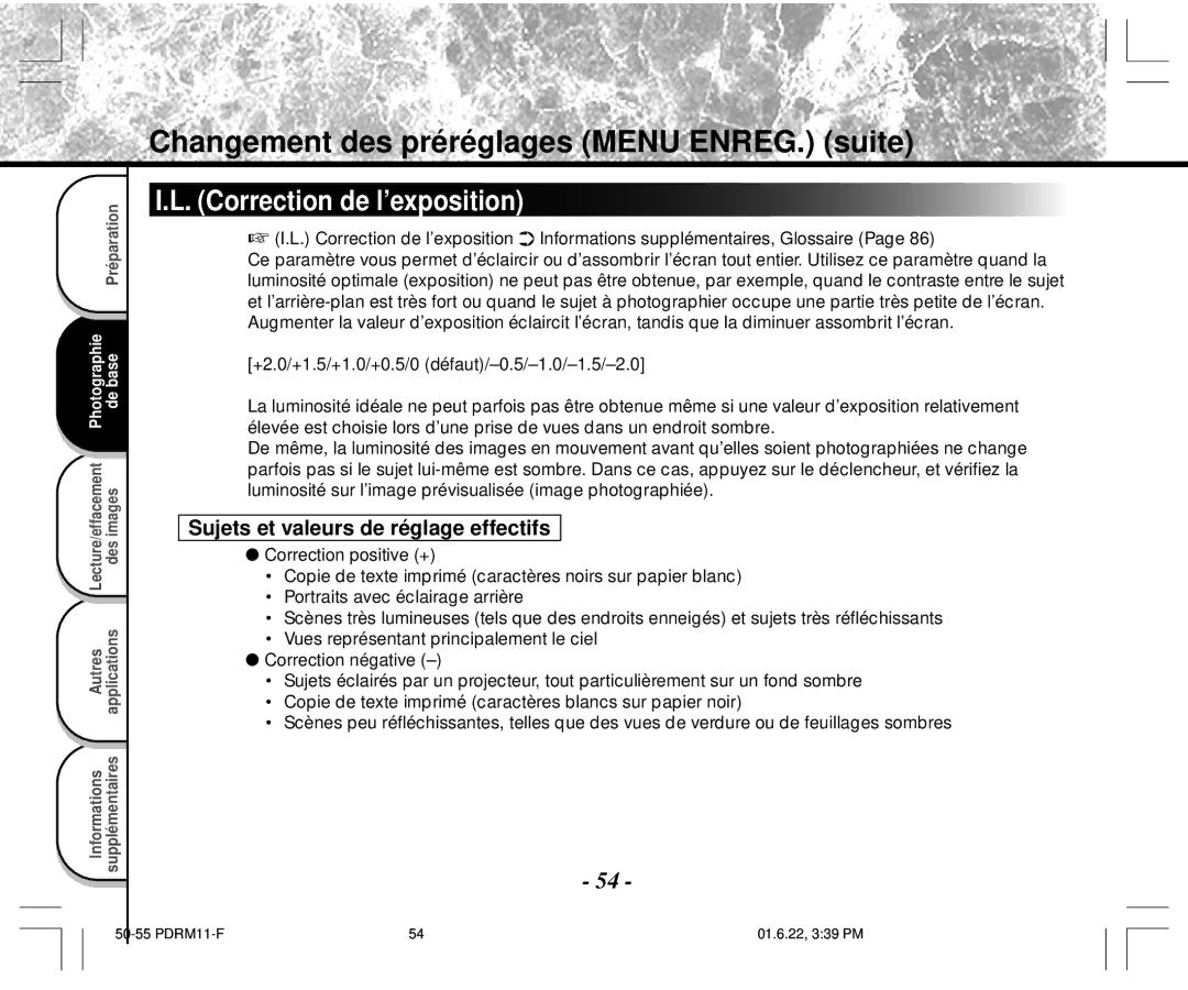 Toshiba PDR-M11 instruction manual Correction de l’exposition, Sujets et valeurs de réglage effectifs 