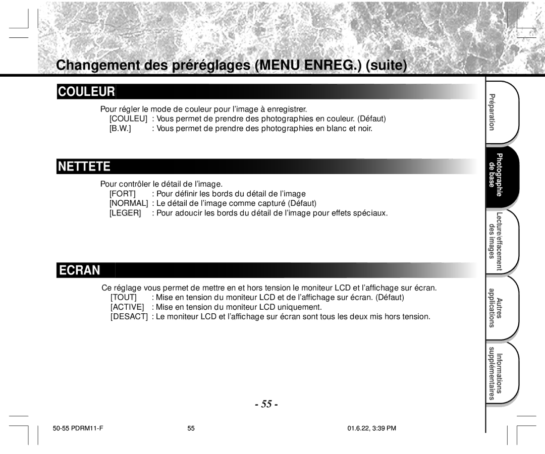 Toshiba PDR-M11 instruction manual Couleur 