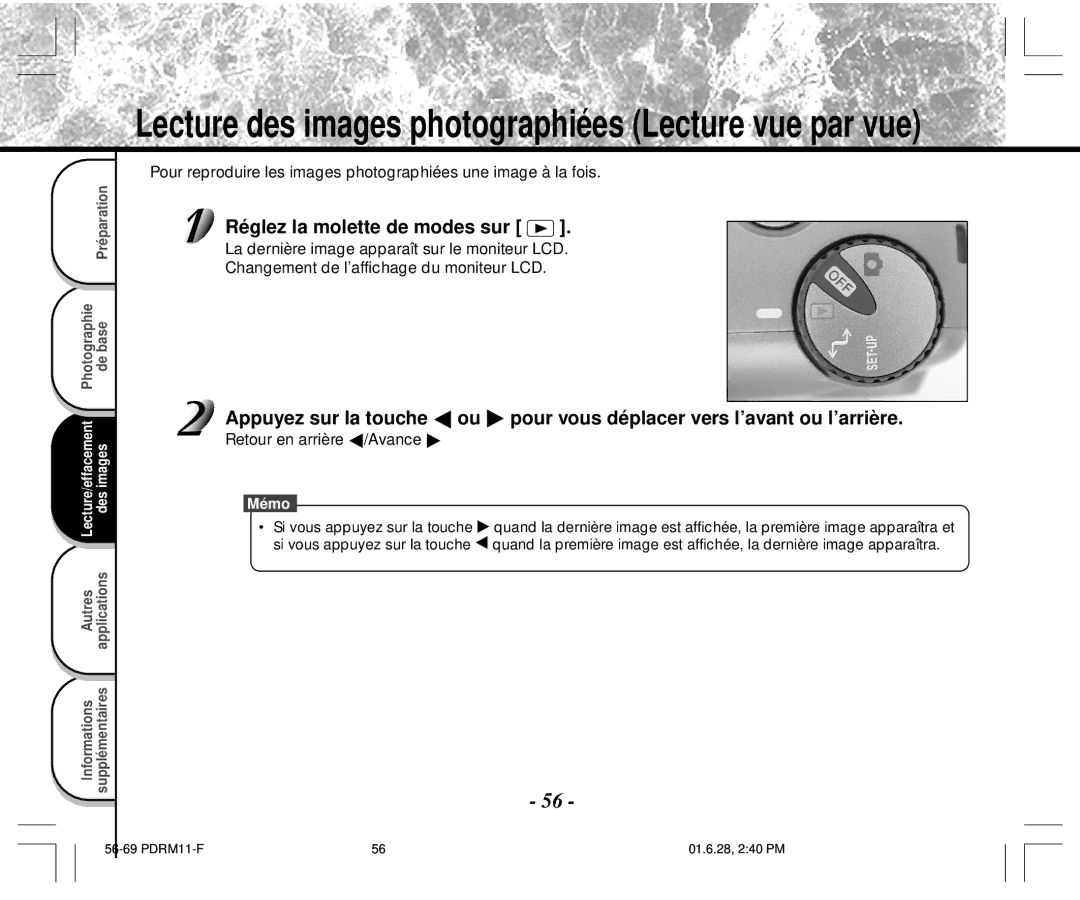 Toshiba PDR-M11 instruction manual Lecture des images photographiées Lecture vue par vue, Retour en arrière /Avance 