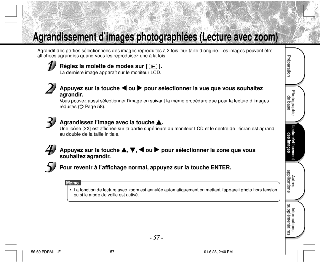 Toshiba PDR-M11 Agrandissement d’images photographiées Lecture avec zoom, Agrandissez l’image avec la touche 