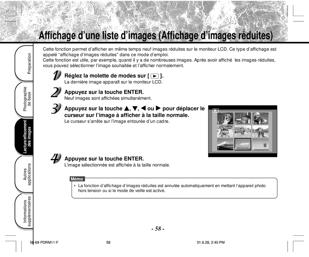 Toshiba PDR-M11 instruction manual Appuyez sur la touche Enter, Neuf images sont affichées simultanément 