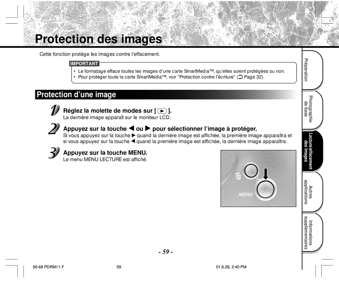 Toshiba PDR-M11 Protection des images, Protection d’une image, Cette fonction protège les images contre l’effacement 