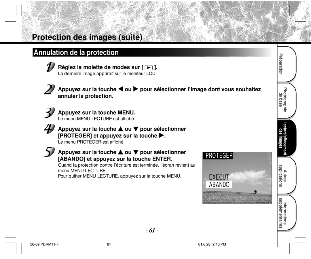 Toshiba PDR-M11 instruction manual Annulation de la protection, Appuyez sur la touche Pour sélectionner 