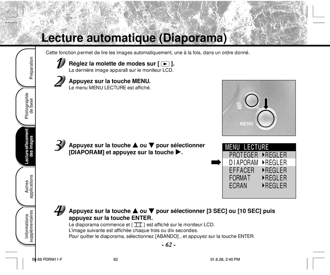 Toshiba PDR-M11 instruction manual Lecture automatique Diaporama 