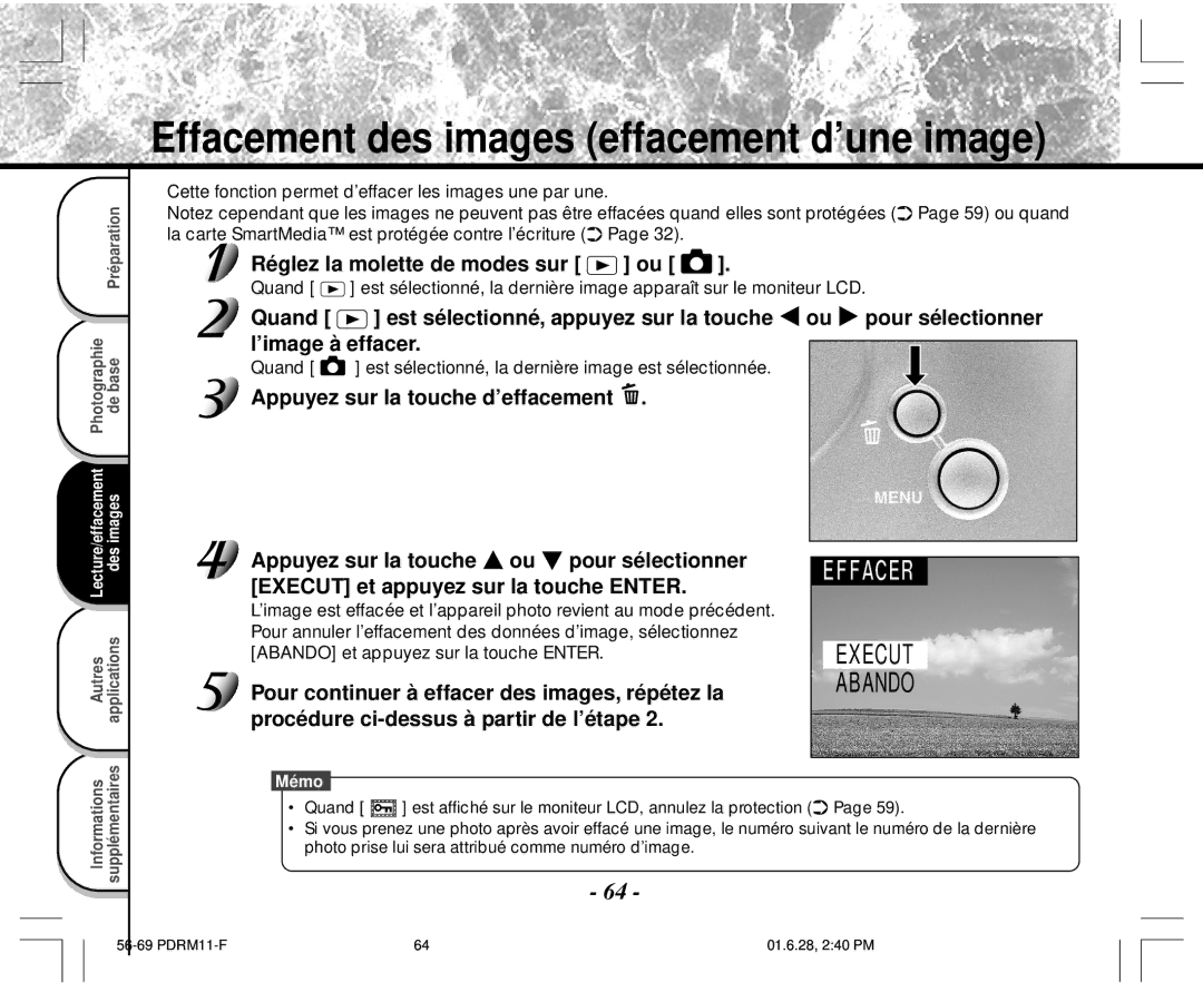 Toshiba PDR-M11 instruction manual Effacement des images effacement d’une image, Réglez la molette de modes sur ou 