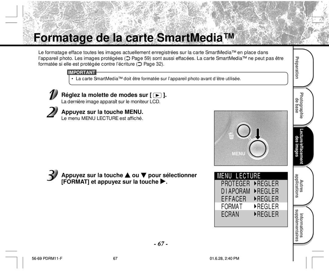 Toshiba PDR-M11 instruction manual Formatage de la carte SmartMedia 