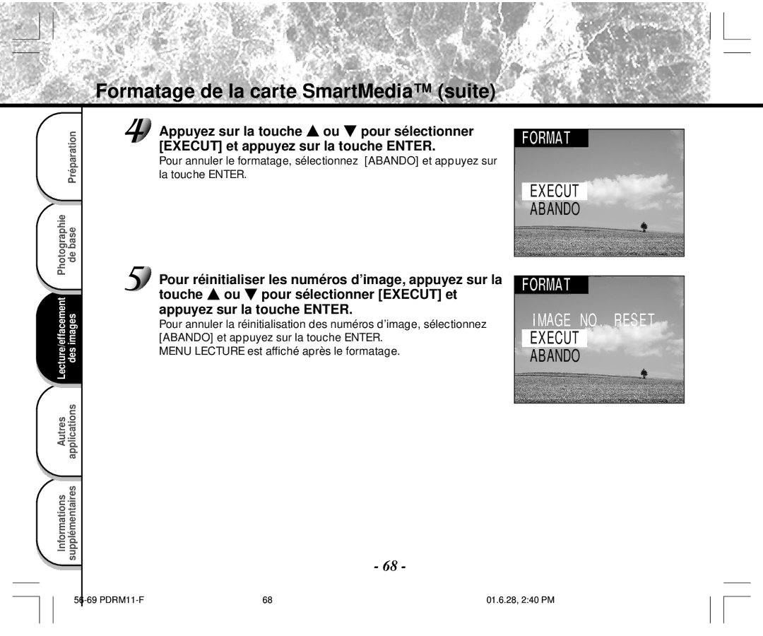 Toshiba PDR-M11 instruction manual Formatage de la carte SmartMedia suite 