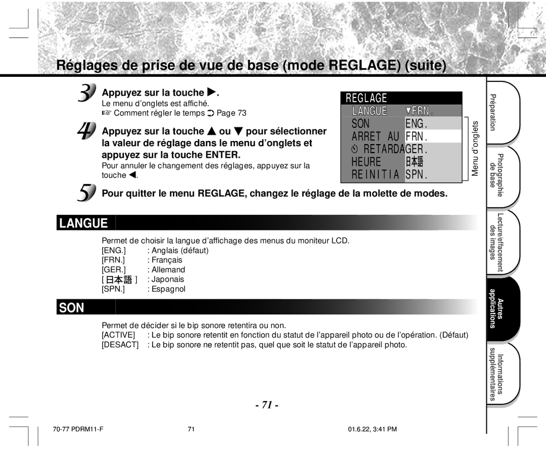 Toshiba PDR-M11 Réglages de prise de vue de base mode Reglage suite, La valeur de réglage dans le menu d’onglets et 