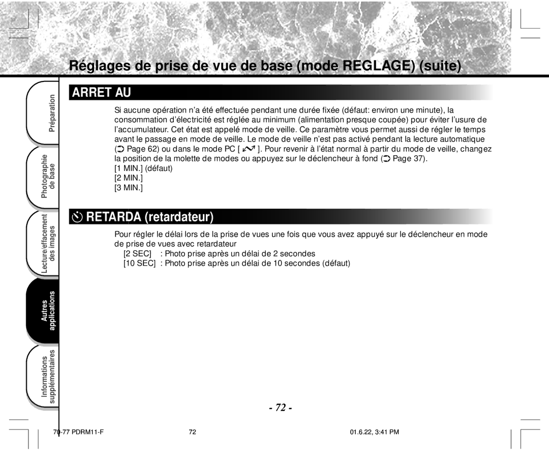 Toshiba PDR-M11 instruction manual Retarda retardateur, MIN. défaut 2 MIN 