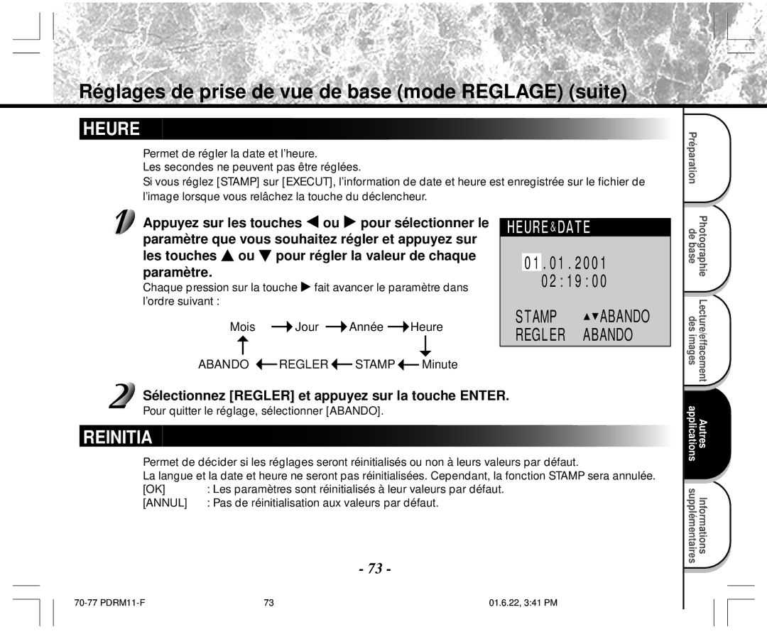 Toshiba PDR-M11 Sélectionnez Regler et appuyez sur la touche Enter, Pour quitter le réglage, sélectionner Abando 