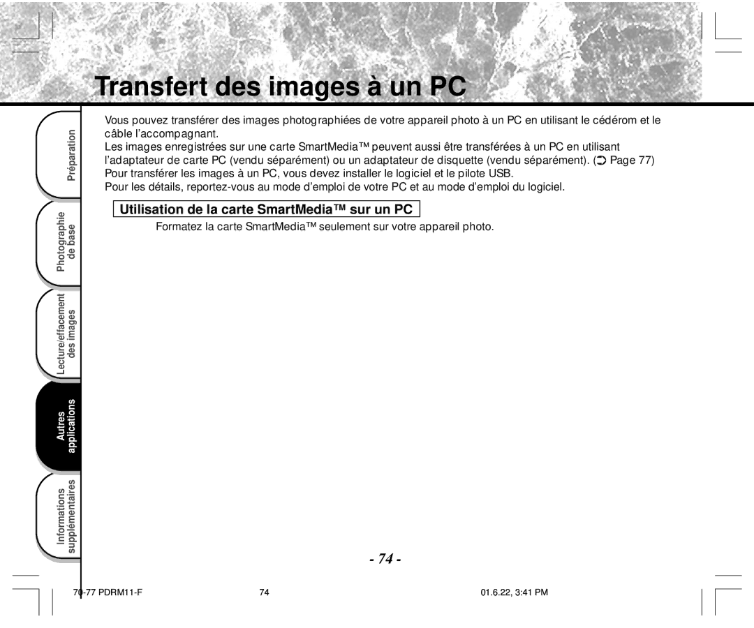 Toshiba PDR-M11 instruction manual Transfert des images à un PC, Utilisation de la carte SmartMedia sur un PC 