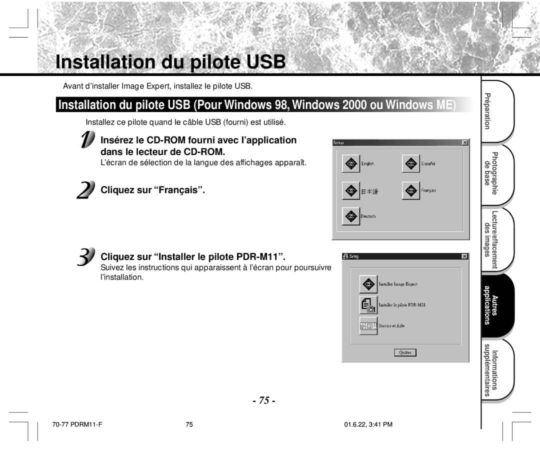 Toshiba PDR-M11 instruction manual Installation du pilote USB, Avant d’installer Image Expert, installez le pilote USB 