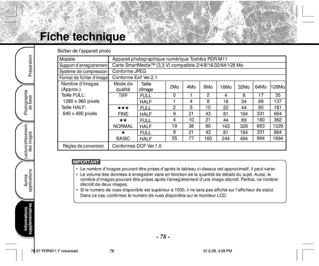 Toshiba PDR-M11 instruction manual Fiche technique 