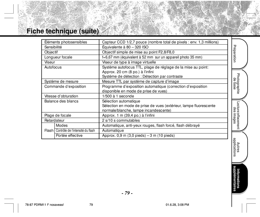 Toshiba PDR-M11 instruction manual Fiche technique suite, Automatique, Portée effective Approx ,9 m 3,0 pieds 3 m 10 pieds 