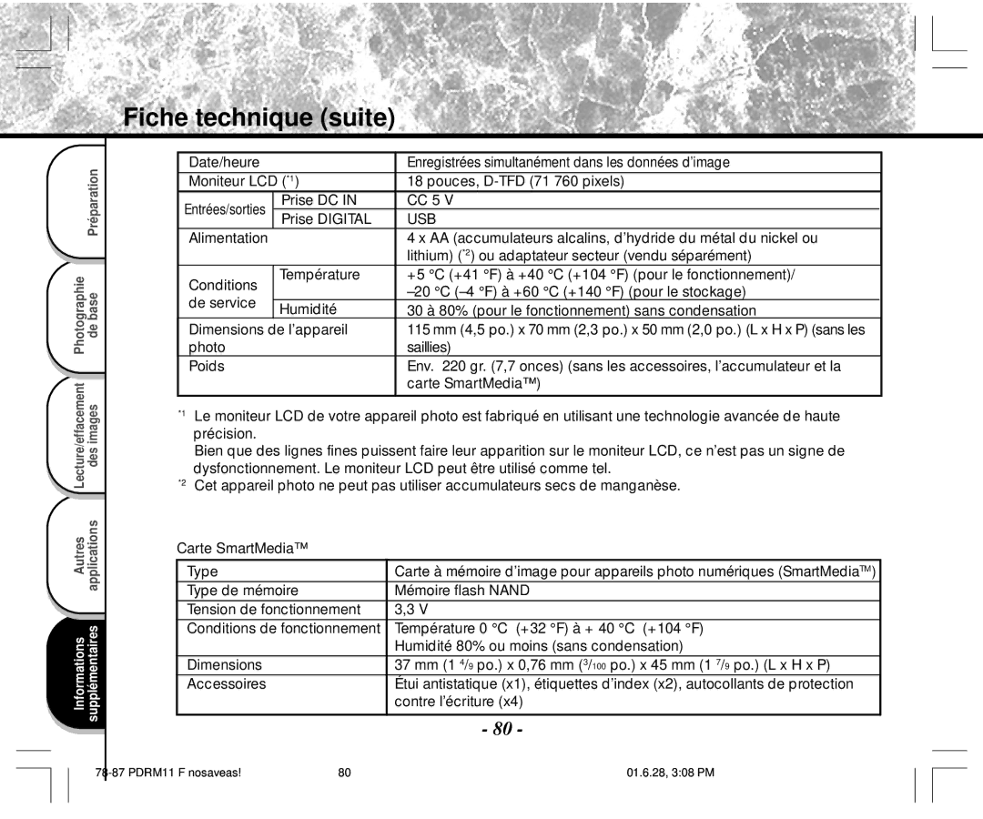 Toshiba PDR-M11 instruction manual Prise DC CC 5 Prise Digital, AA accumulateurs alcalins, d’hydride du métal du nickel ou 