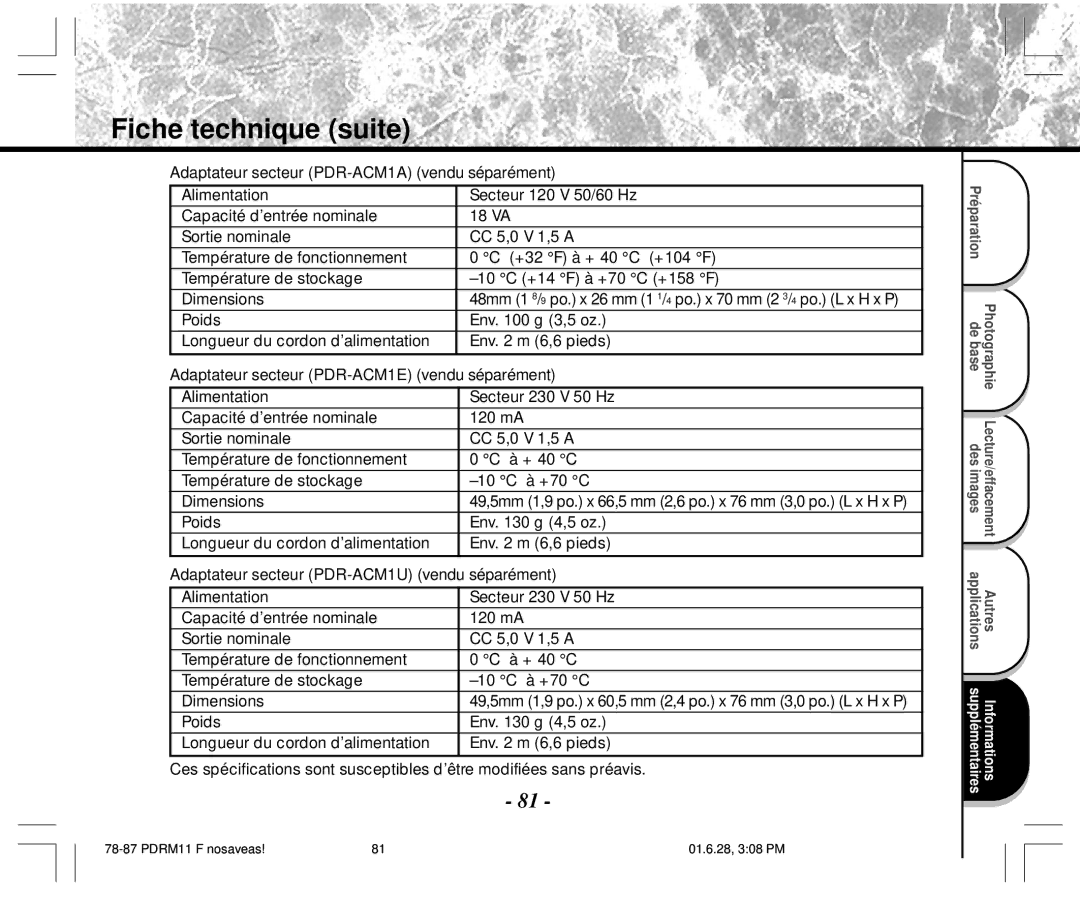 Toshiba PDR-M11 instruction manual 49,5mm 1,9 po. x 66,5 mm 2,6 po. x 76 mm 3,0 po. L x H x P 