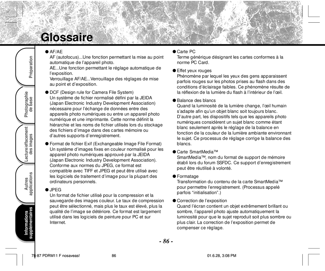 Toshiba PDR-M11 instruction manual Glossaire, Af/Ae 