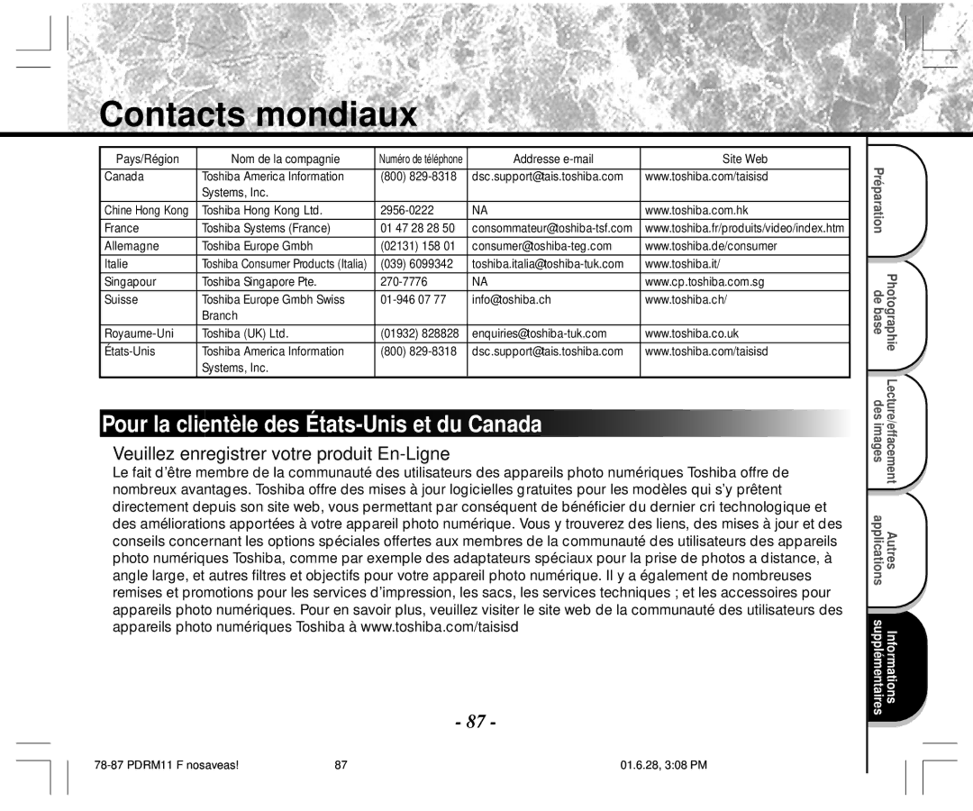 Toshiba PDR-M11 instruction manual Contacts mondiaux, Pour la clientèle des États-Unis et du Canada 